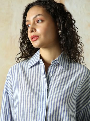 Image of HIGH Star Oversized Striped Cotton Shirt for Women | Stylish Tops for Women | Comfortable and Trendy Casual Shirt