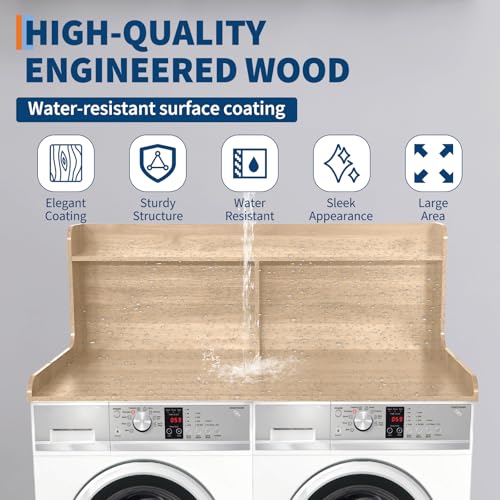 GarveeHome 2-Tier Washer Dryer Countertop, Wood Laundry Countertop with 2.75" H Edge Rails, Waterproof Washer Dryer Cover with Anti-Slip Pads for Laundry Room Organization and Storage