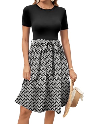 Image of Women's Elegant Vintage Round Neck Short Sleeve Summer Casual Work Party A-Line Dress with Belt 809