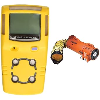 BW Technologies GasAlertMicroClip XL 4 Gas Detector, CO, H2S, LEL and O2, Yellow and Allegro Industries-9533-25 32" X 13 1/2" X 14 1/2" 831 cfm 13 hp 115 VAC 3 A Motor Polyethylene Com-Pax-Ial Blower with Canister and 8" X 25 Duct,Orange
