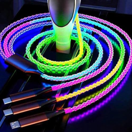 Image of 3 Combinations Multi Ports USB Charger Cable USB A to Micro USB /Type C PD Fast Charging Cord Light Up LED Current Flow to be a Night Light Compatible with Most of device-39 inches RGB