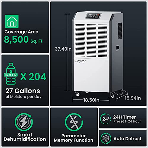 Waykar 216 Pints Commercial Dehumidifier With Drain Hose Industrial Dehumidifier In Large Space Up To 8500 Sq. Ft - Intelligent Touch Control For Basements Warehouse Whole House Moisture Remove #TOP2