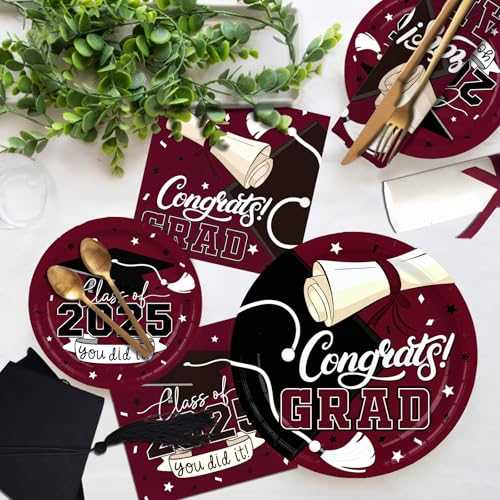 2025 Graduation Party Supplies Kit: Maroon -Themed Congrats Grad Decorations with Disposable Dinner & Dessert Plates, Napkins for 50 Guests - Graduation Party Decorations