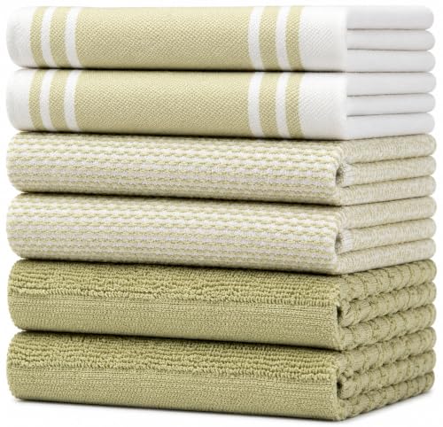 Image of Premium Kitchen Towels (20 inchx 28 inch, 6 Pack) | Large Cotton Dish Towels | Flat & Terry Highly Absorbent Kitchen Linen Set with Hanging Loop | Wide Stripe Sage Green