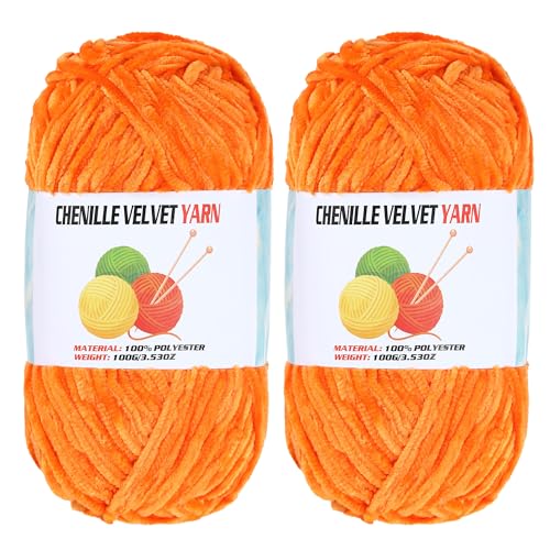 Image of 2 * 100g Velvet Chenille Chunky Yarn, Handcrafts Weaving Soft Chenille Yarn for Crocheting Clearance, Used for Making Baby Yarn Blanket, Clothes, Knitting Creations (Orange)