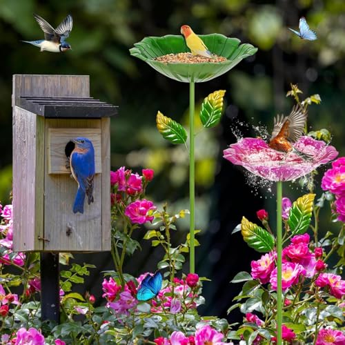 Image of 2 Pack Bird Bath for Outside, Outdoors Garden Decor Flower Birdbath | Colorful Metal Bird Bowl with Five Stakes for Hummingbird Baths & Bird Feeders, 31.3 inch H x 10.63 inch Dia (Red,Green)
