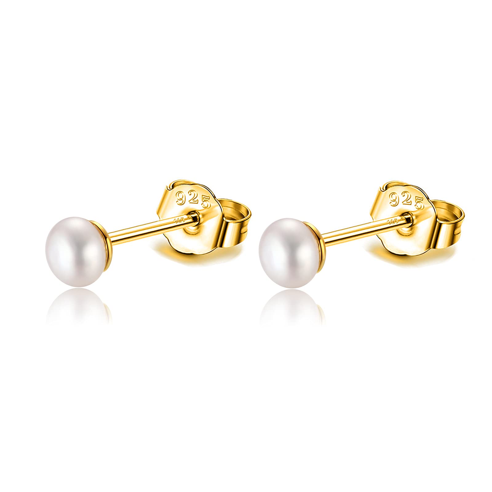 Candyfancy Pendientes de perlas cultivadas en agua dulce reales de 3 mm, 4 mm, 5 mm, plata de ley 925, oro pequeño, pequeño botón blanco, Perla, Perla