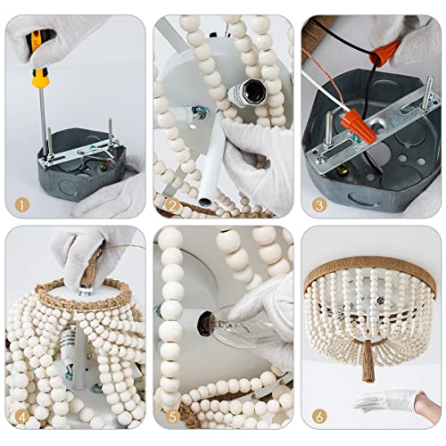 Viluxy Bohemia Wood Beaded Flush Mount Ceiling Light Antique Rustic Mini Chandelier White Finishing For Bedroom, Kitchen Island, Girl Room 3-Light #TOP7