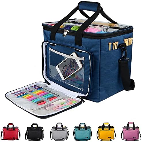 Hoshin Knitting Bag for Yarn Storage, High Capacity Yarn Totes Organizer with Inner Divider Portable for Carrying Project, Knitting Needles(up to 14”), Crochet Hooks, Skeins of Yarn (Navy)
