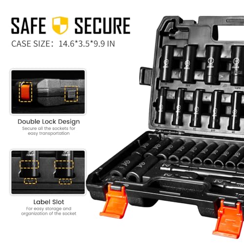BOEN 35PCS 1/2” Drive Impact Socket Set, Deep SAE(3/8"-1-1/4") & Metric(8-24mm) Socket with Extension Bars, 6 Point Cr-V Steel for Auto Repair, Double Lock Case