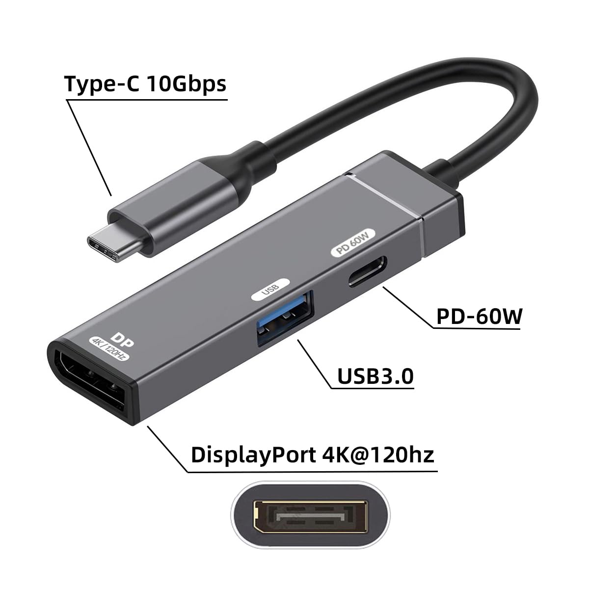 CY Type-C to Displayport 4K@120hz & USB 3.0 OTG & Charger USB-C to Standard DP Converter Monitor Multiport Adapter with Female PD 60W Power Port