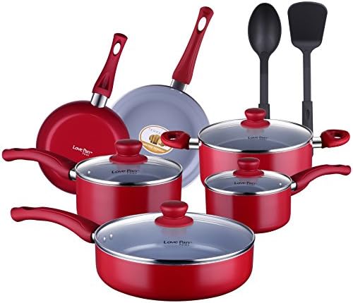 COOKSMARK Lovepan Peas Pots and Pans Set, Gray Ceramic Coating Nonstick Aluminum Cookware Set with Glass Lids & Nylon Utensils, Dishwasher Safe PTFE, PFOA Free, 12-PCS, Red