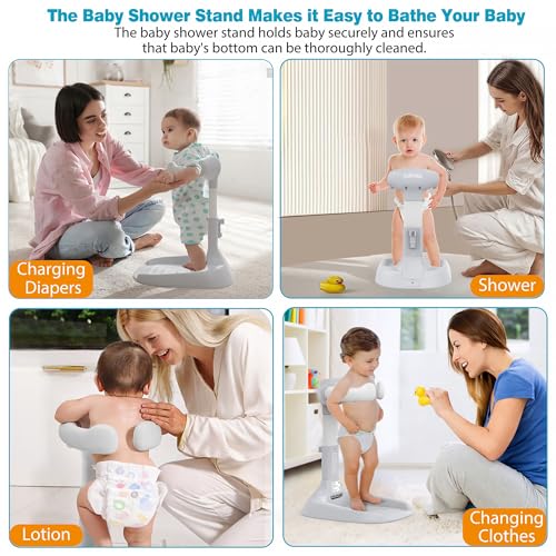 Image of Baby Shower Stand, Adjustable & Foldable Baby Bath Stand with Anti-Slip Base,Anti-Pinch Silicone,Baby Shower Standing Support (6-36 Months),Portable Toddler Shower Stand| Soporte para Banera de Bebe