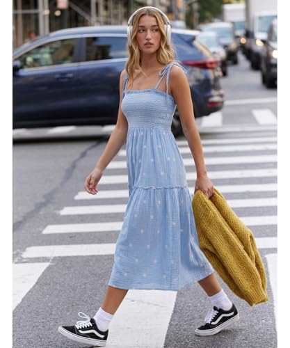 Image of Women Floral Embroidered Maxi Dress Boho Sleeveless Tie Strap Shoulder Dresses Smocked Summer Sundress with Pockets