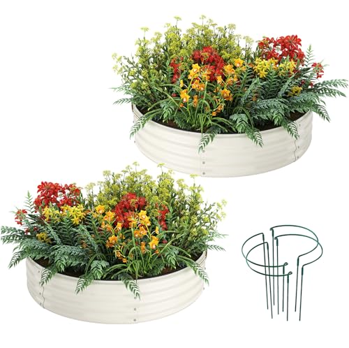 ZFHgarden Galvanized Metal Planter Round Raised Garden Bed Kit for Gardening Outdoor,2x2x1ft 2pc Grow Garden Box Raised Flower Bed,Round Galvanized Planter Outdoor Metal Fire Pit Ring White