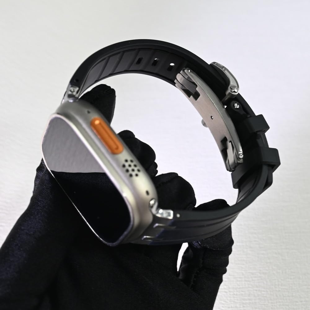 Fluororubber Replacement Watch Strap Mod Kit，For Apple Watch 45mm 44mm 41mm 40mm Ultra 49mm, Mens Rubber Watch Straps Stainless Steel Butterfly Clasp For 8/7/6/5/4/SE Series