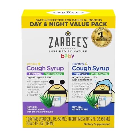 Zarbee's Baby Daytime & Nighttime Cough Syrup + Immune with Organic Agave + Zinc, Daytime Cough Syrup, Grape, & Nighttime Cough Syrup with Chamomile, Agave Taste, Two Pack, 2 x 2 fl. oz Cover