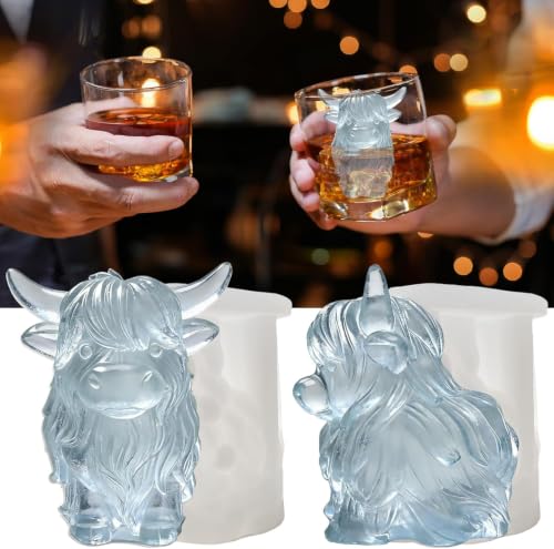 SIUPER 3D Highland Cow Ice Cube Silicone Molds 2 Pcs for Whiskey, Cocktail, Juice; Food-Grade, Rich Details. Fun Animal Shape for DIY Resin Taba Squishy Chocolate Soap Candle. Gift for Men Girls Boys