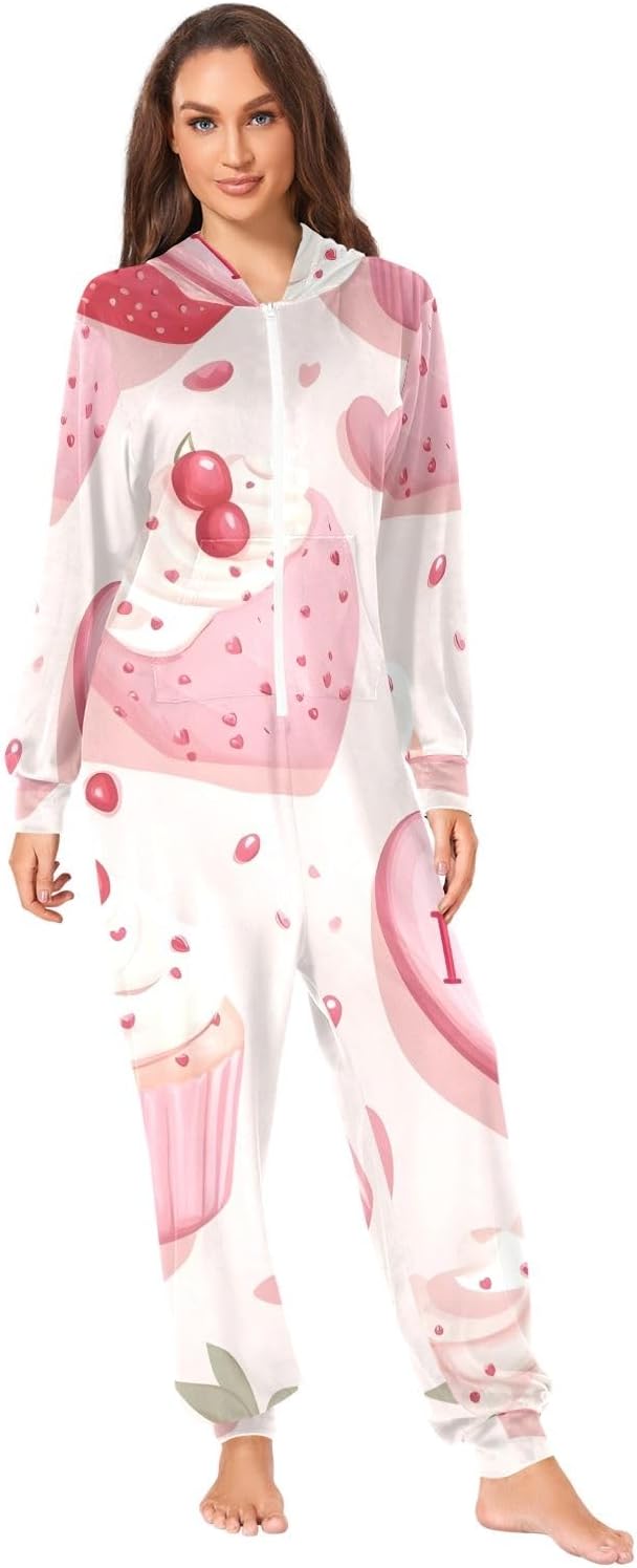 GAIREG Cute Cakes Cupcakes Strawberries Adult Onesie Pajamas For Women Men, Soft Warm Christmas Onesie