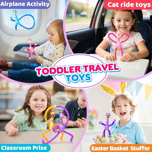 Image of Giraffe Sensory Travel Toys 4Pcs for Road Trip Car Ride Airplane Toddler Girl Year Old Ages 3 4 5 6 7 8, Suction Autism Pop Tube Fidget Toy Autistic Valentines Day Stocking Easter Basket Stuffer Gift