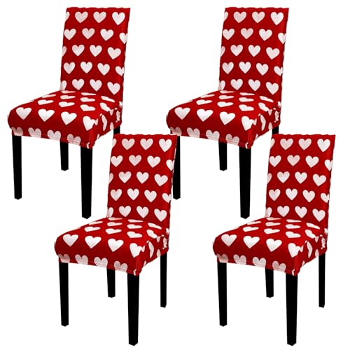 Whaline 4 Pcs Valentine' s Day Chair Covers Dining Chair Slipcover Red White Heart Removable Seat Covers for Wedding Anniversary Home Kitchen Hotel Restaurant Decor