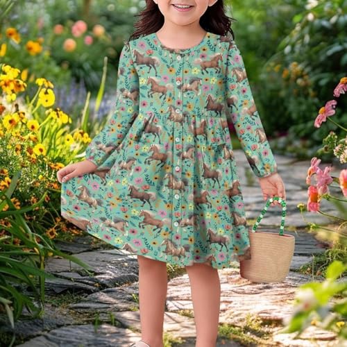 Casual High Waisted Long Sleevedresses for Girls 5-14 Years Round Neck Spinning Knee Dress Fall Winter Clothing4