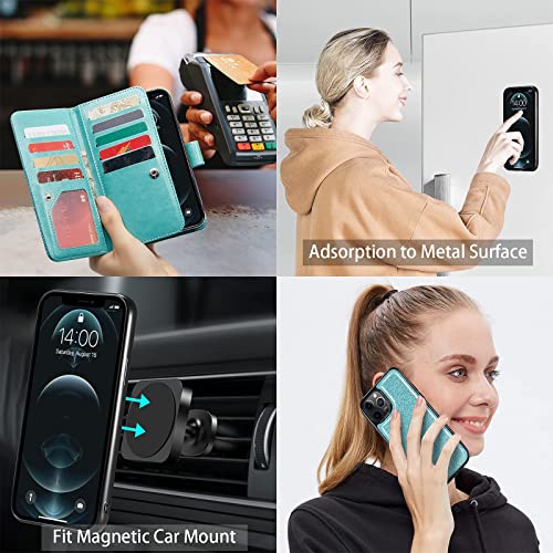 Varikke Iphone 12 Pro Max Wallet Case, Iphone 12 Pro Max Phone Case With Card Holder & Magnetic Detachable Cover & Kickstand & Lanyard Strap Glitter Pu Leather Case Wallet For Iphone 12 Pro Max, Mint #TOP3