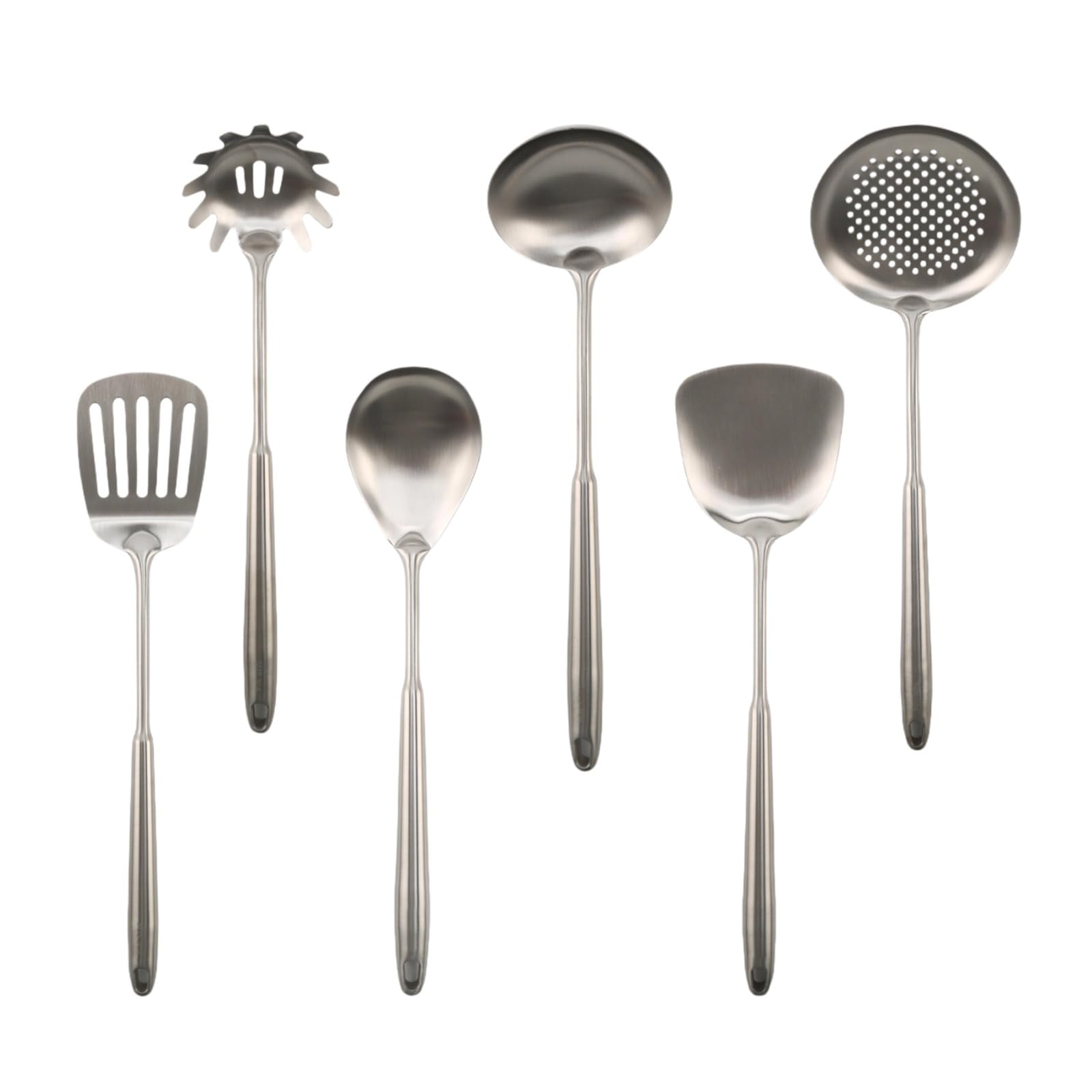 Set of 6 Stainless Steel Kitchen Utensils Spatula Ladle Spoon | Professional Dishwasher Handle Stainless Steel Kitchen Utensils, Long Anti-Burning for Wok Cast Iron Frying Pan Non-Stick