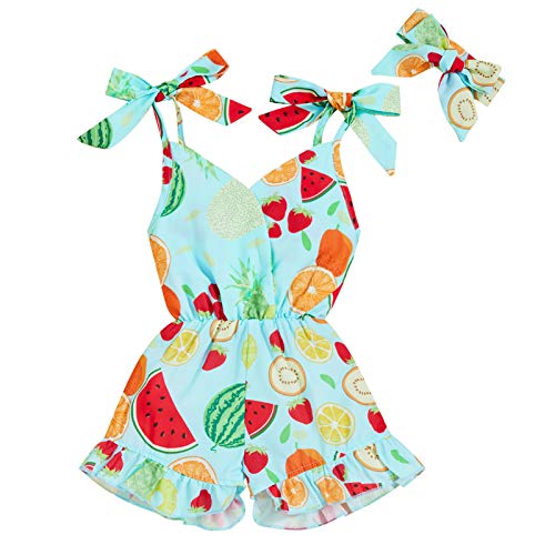 Toddler Kids Baby Girl Clothes Self Tie Sleeveless Romper Fruit Print Short Jumpsuit Summer Outfit (Fruit, 2T)