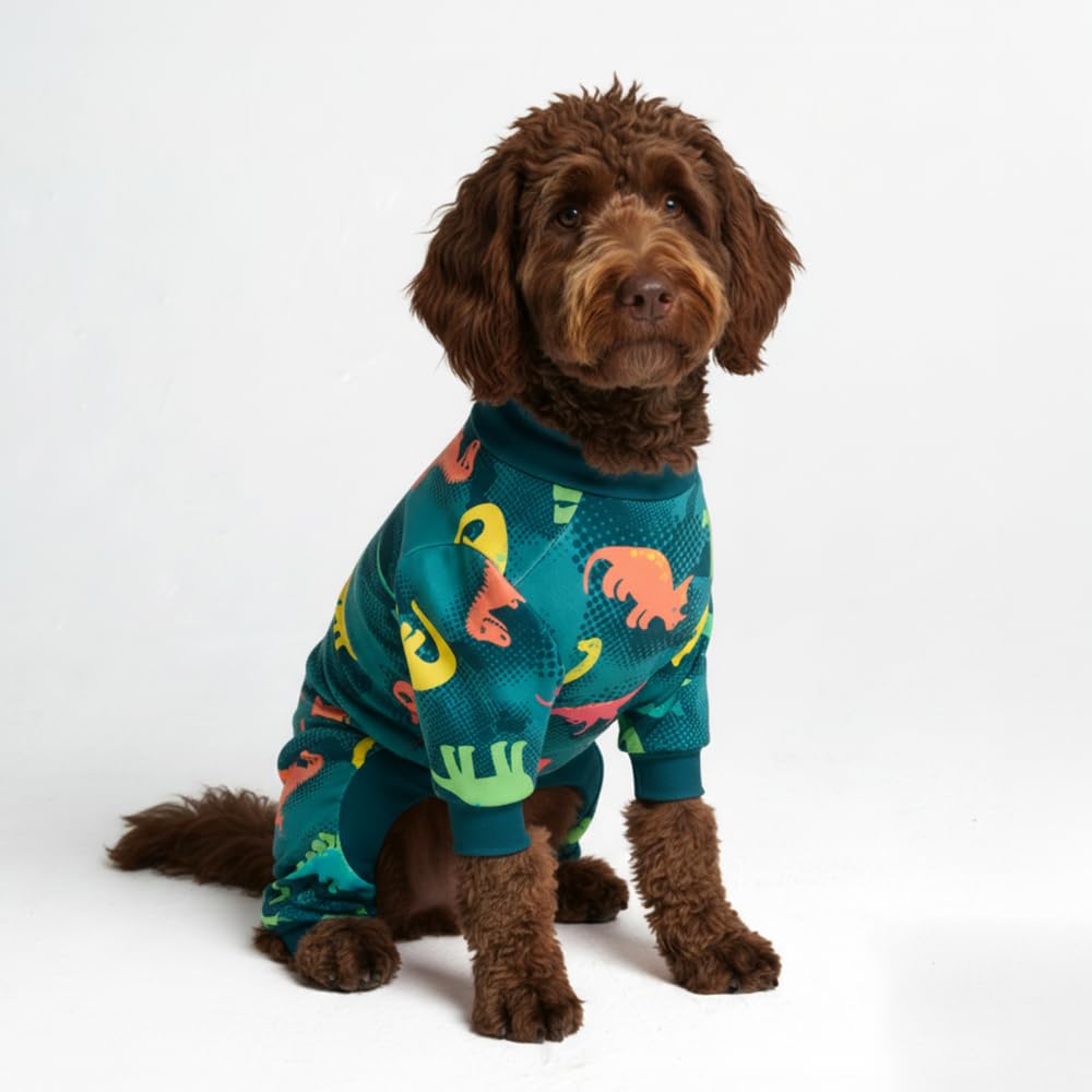 Spark Paws Dog Pajama, Dog Recovery Suit Male, Onesie, Ultra-Soft and 4-Way Stretch, for Small Medium and Large Breeds - Dinosaurs - 2XL