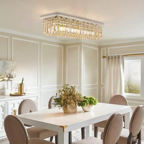 Siljoy Modern Crystal Chandelier 8-Lights Rectangular Flush Mount Pendant Ceiling Light Fixture Rectangle K9 Crystal Raindrop Chandelier for Dining Living Room Kitchen Island L40'' x W10'' x H10' by Siljoy - Image 4