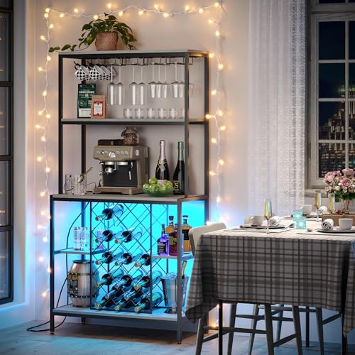 furomate Wine Cabinet with Power Outlets & LED Lights, 5-Tier Industrial Wine Bar Cabinet with Glass Holder, Home Bar Furniture, Wine Ranks for Liquor and Wine Storage, Grey - Thumbnail 3