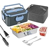 IXIIE Electric Lunch Box Lunch Warmer Heater for adults, 100W Portable Heated Lunch Box for Truck/Car/Office with 1.8L Removable Stainless Steel Container, Fork & Spoon and Insulated Carry Bag