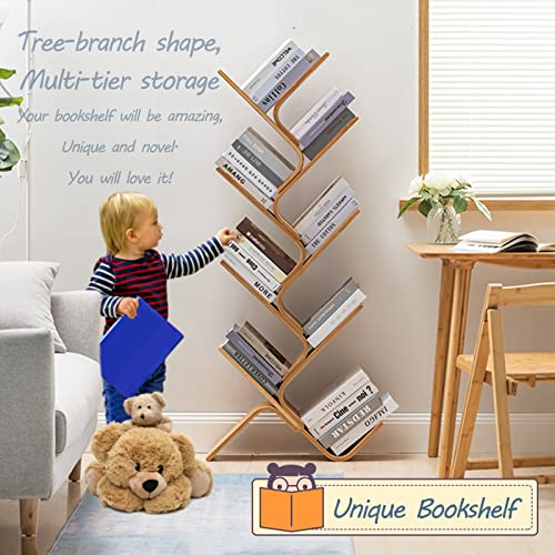 Bamboo Tree Bookshelf, 8-Tier Wood Bookcase Rack, Free Standing Book Storage Organizer Shelves, Books/Albums/Files Holder Display Storage Rack Space Saver For Living Room Bedroom-Log 55X23X5Inch #TOP1