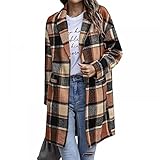 Comeon Womens Casual Flannel Shacket Jacket Long Plaid Button Pocket Lapel Wool Blend Tartan Trench
