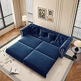Tabaray 89'' Pull Out Sofa Bed King, Chesterfield Velvet Sleeper Sofa, Convertible L-Shaped Futon Couch, Tufted Back, 4 Pillows, Ottoman, Deep Seat Loveseat Couches for Living Room, Apartment, Blue