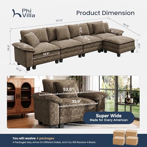 Image of PHI VILLA Cloud Modular Couch Sets, 157.5 inch Oversized Sectional Sofa with L-Shaped Chaise, 5-Seater Upholstered Couches with Movable Ottoman for Living Room, Chenille Grayish Brown