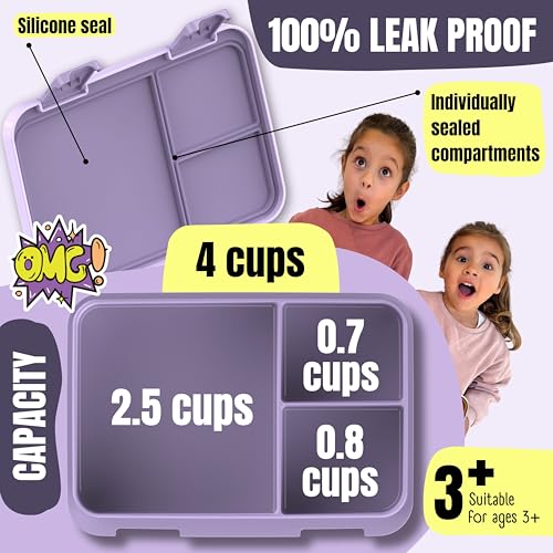 Image of BEARFOOT Kids Lunch Box with Compartments - Compact & Lightweight | Leak-Proof, BPA-Free, Dishwasher Safe | Hand-Drawn Design for Preschool, School, Travel (Sticker Purple, 4 Cups)