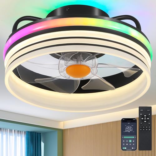 Image of Mpayel Flush Mount Ceiling Fan with Light, Small Low Profile Ceiling Fan,13 inch RGB Dimmable LED Bladeless Ceiling Fans, Modern Enclosed LED-RGB Ambient Light for Bedroom, Kids Room, Kitchen