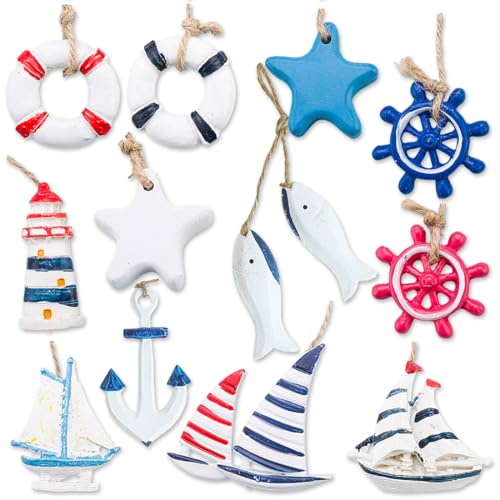 Image of Daimay 12PCS Resin Nautical Ornaments Miniature Beach Ornament Kits Mini Seaside Anchor Lifebuoy Fish Seastar Model Micro Landscape Scenery Decor Aquarium Terrariums Miniature Gardens