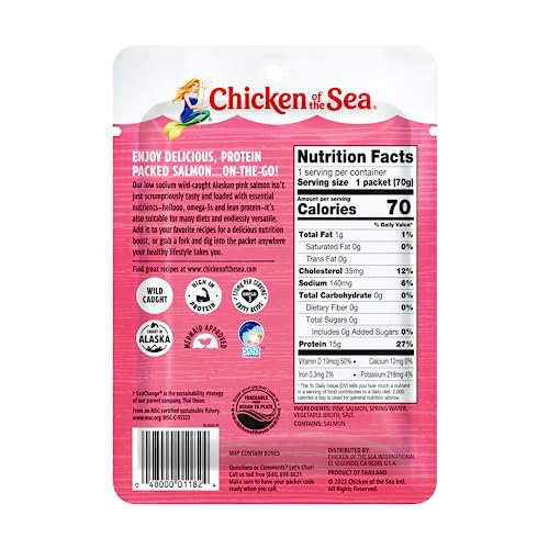 Image of Chicken of the Sea Wild Alaskan Pink Salmon in Water, 2.5 Ounce Pouch (Pack of 1), Skinless & Boneless, 25% Less Sodium