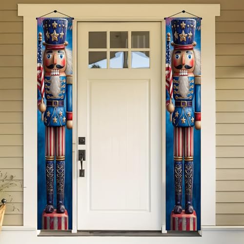 Image of BlissYard Patriotic Nutcracker Door Banner July 4th Hanging Banner Nutcracker Decor for Independence Day Porch Banner Memorial Day Door Cover for Front Porch Wall Patriotic Decorations 12x72 Inch