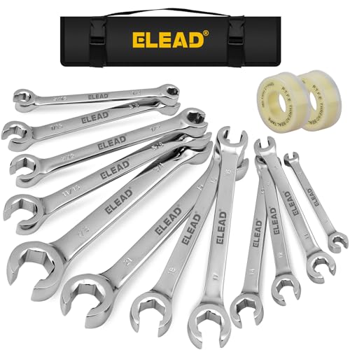 ELEAD 14-Piece Flare Nut Wrench Set with PTFE Tape, Metric & SAE 1/4'-7/8'& 6-21mm, Brake Line Wrench Set Double Open End with Organizer Pouch for Repairing and Removing Nuts
