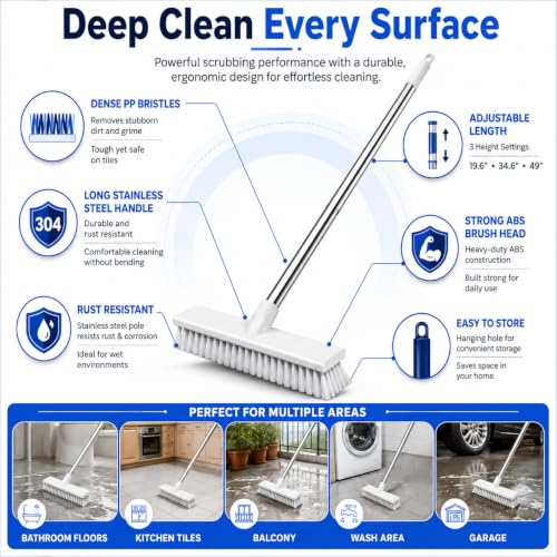 Image of Bathroom Floor Cleaning Brush with Long Handle & Wiper, 2 in 1 Floor Scrub Brush for Tiles, Bathroom, Kitchen & Wet Floor Cleaning, Hard Bristle Cleaning Broom with Stainless Steel Rod