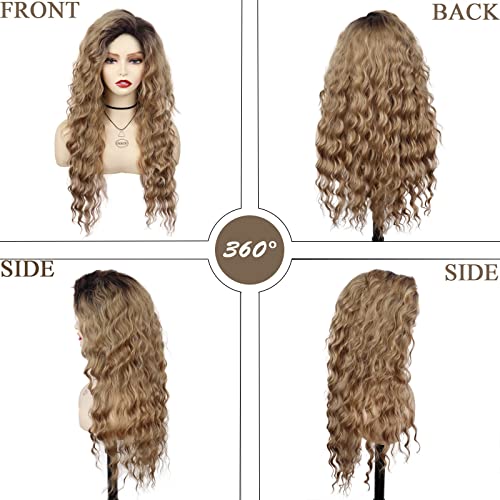 Image of GNIMEGIL 26 Inch Long Brown Curly Wigs for Women Black Roots Ombre Brown Wave Curly Hair Layered Fluffy Daily 80s Costume Wig Cosplay Loose Hair Halloween Carnival Party Wig Synthetic