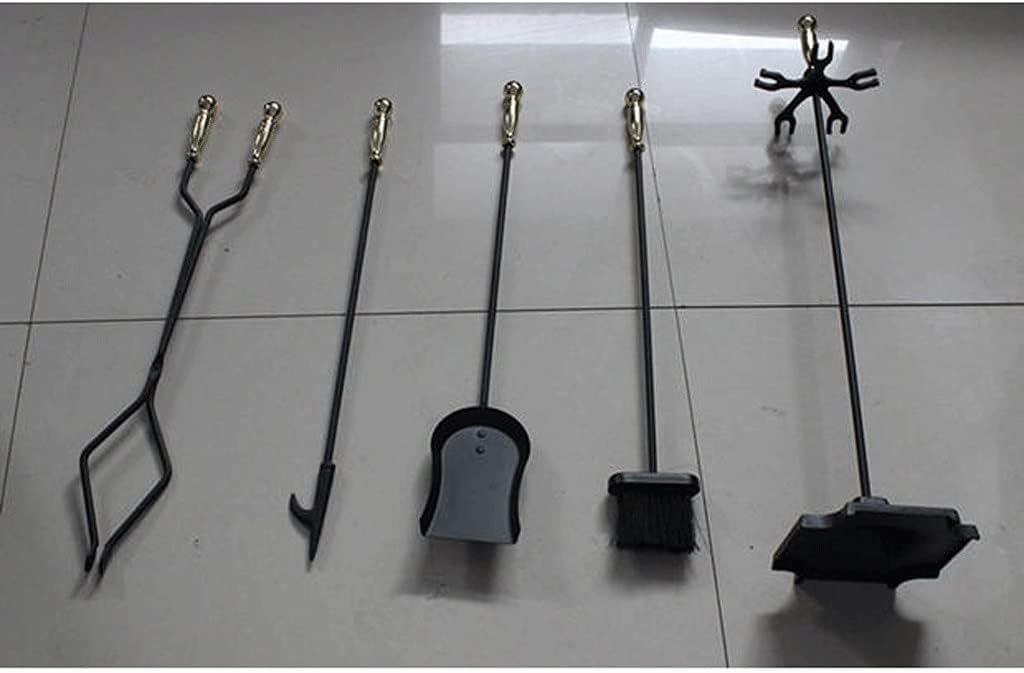 Heavy Duty 5 Piece Fireplace Tool Set with Stand Wrought Iron Fire Place Tools Including Poker Shovel Tongs and Brush Indoor and Outdoor Fireplace Accessory Kit for Chimney Stand