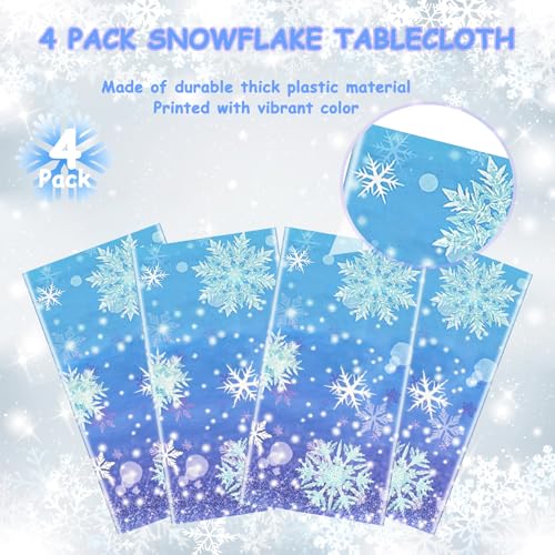 Image of 4 Pcs Plastic Winter Snowflake Tablecloth Decorations, 54x108 Inch Blue and Purple Snowflake Winter Wonderland Disposable Table Cover for Christmas Holiday New Year Party Supplies Decor