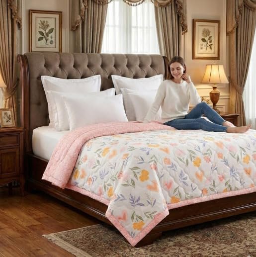 Image of Summer Blanket 100% Cotton Reversible Ac Comforter and Cooling | Classic Printed Design | Quilt | Dohar Single /Double Bed Quilt Ideal for Gifting (White Color Floral Desing, Double)