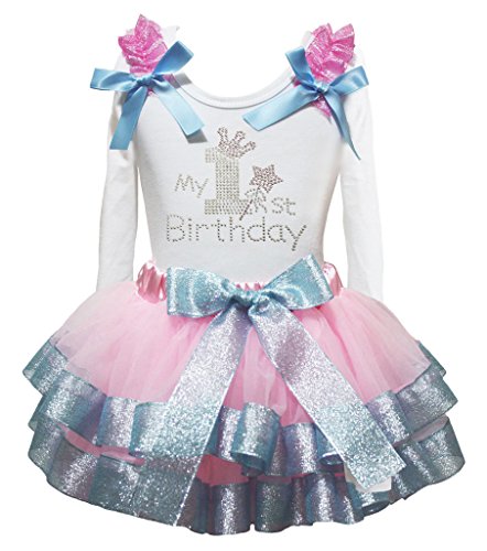 Conjunto primer cumpleaños de camiseta azul y falda rosa para fotos