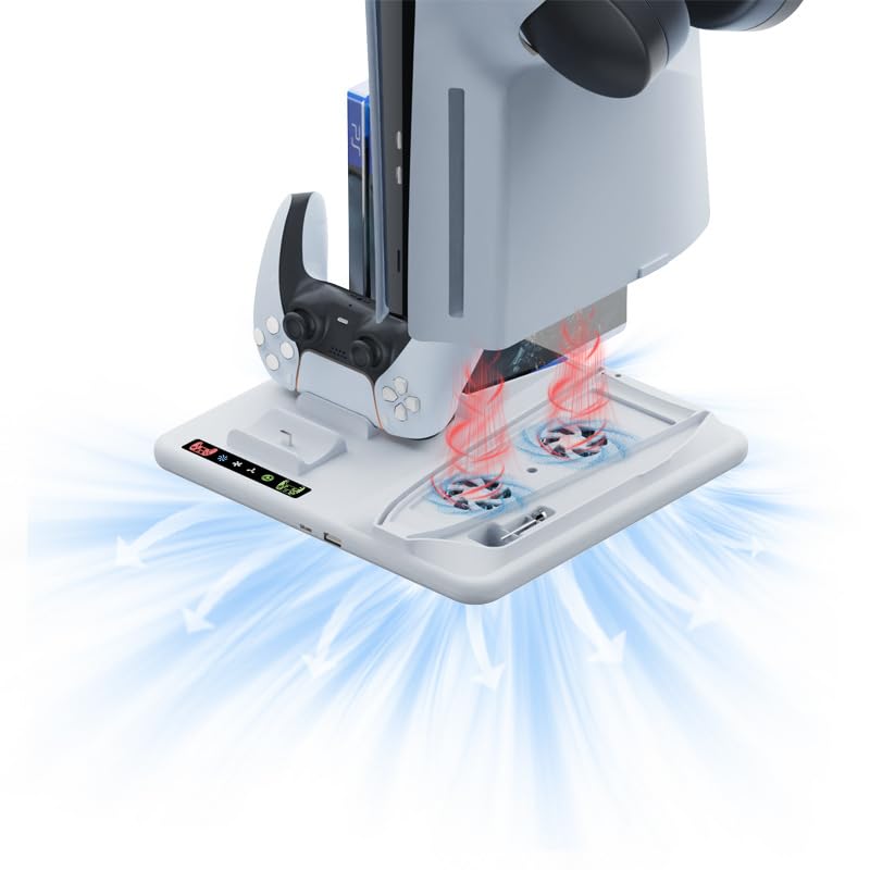 Miimall Supporto con stazione di raffreddamento e controller di ricarica per PS5 Slim, [ventole regolabili a 3 livelli] [6 slot per dischi] [supporto per cuffie] per accessori PS5 Slim (Disc & Digital